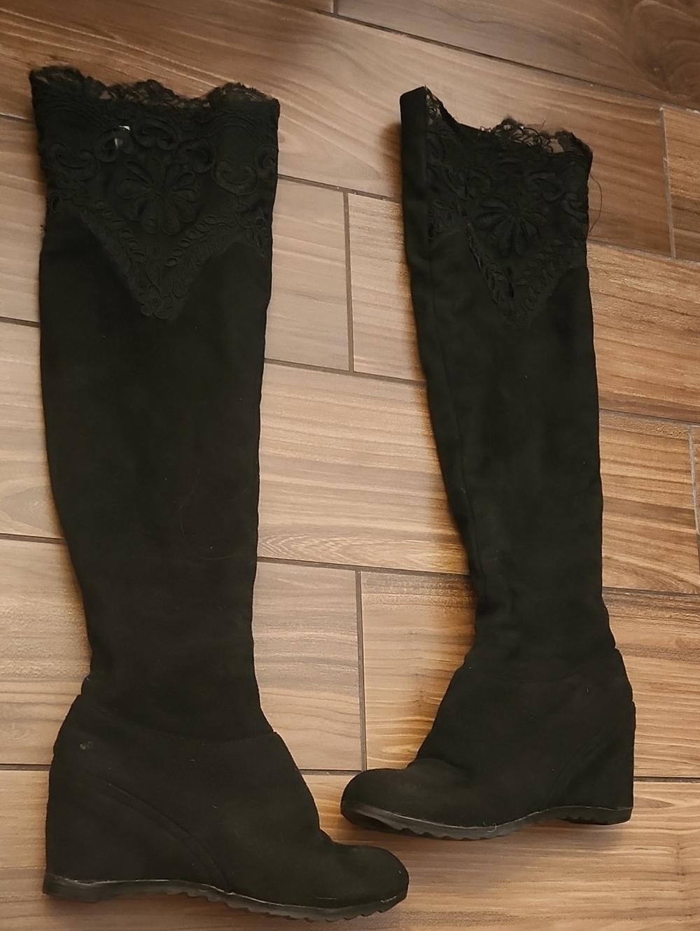 Black Lace-Trim Over-the-Knee Wedge Boots - Women